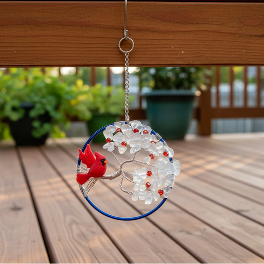 White Quartz & Cardinal Silver Branch – 3-Inch Wall/Window Hanging