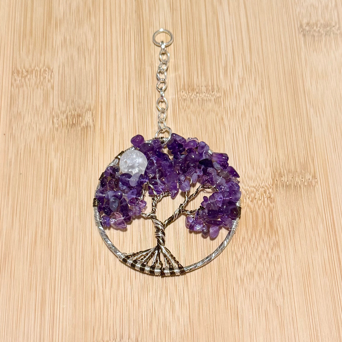 Amethyst, White Crackle Quartz & Mixed-Metal Tree of Life – 3-Inch Window/Wall Hanging