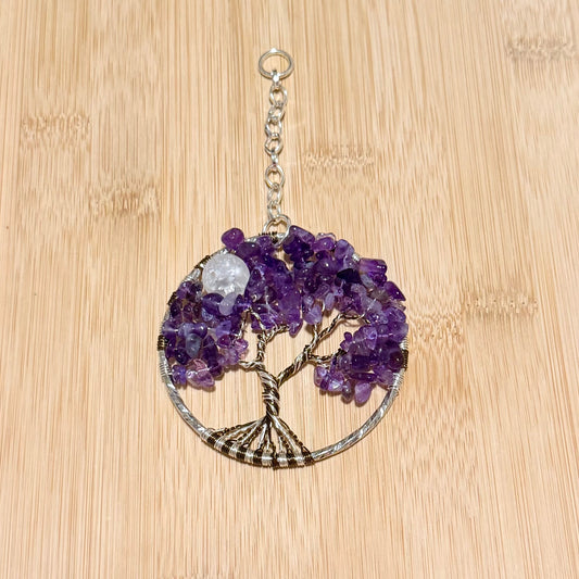 Amethyst, White Crackle Quartz & Mixed-Metal Tree of Life – 3-Inch Window/Wall Hanging
