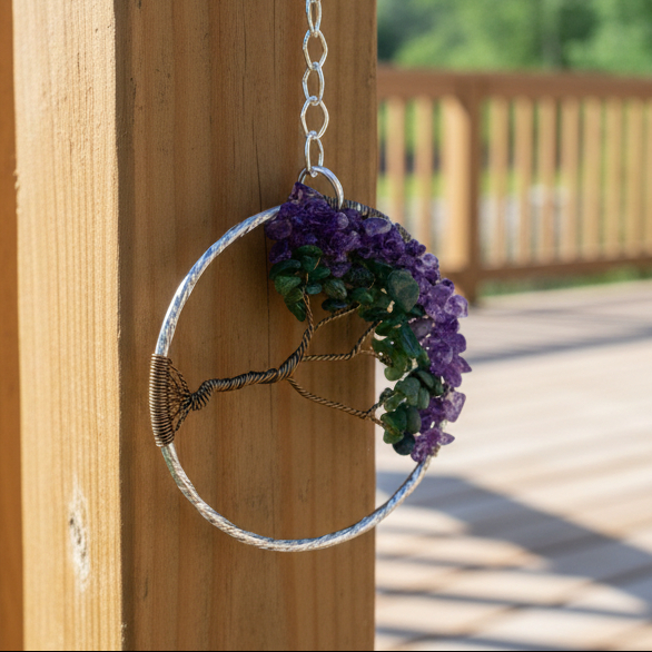 Amethyst, Jadeite & Antique Brass Tree of Life Branch – 3-Inch Window/Wall Hanging