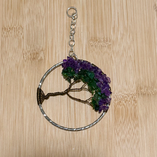 Amethyst, Jadeite & Antique Brass Tree of Life Branch – 3-Inch Window/Wall Hanging