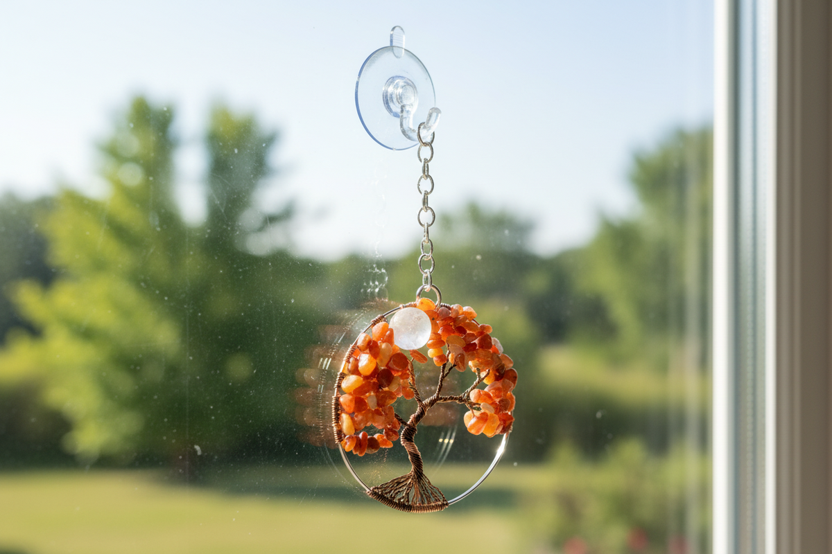 Carnelian, Orange Quartz, White Quartz & Mixed Metal Tree of Life - 3-Inch Window/Wall Hanging