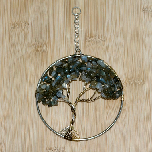Labradorite, Silver and Antique Brass Tree of Life - 4-Inch Window/Wall Hanging