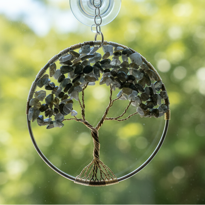 Labradorite, Silver and Antique Brass Tree of Life - 4-Inch Window/Wall Hanging
