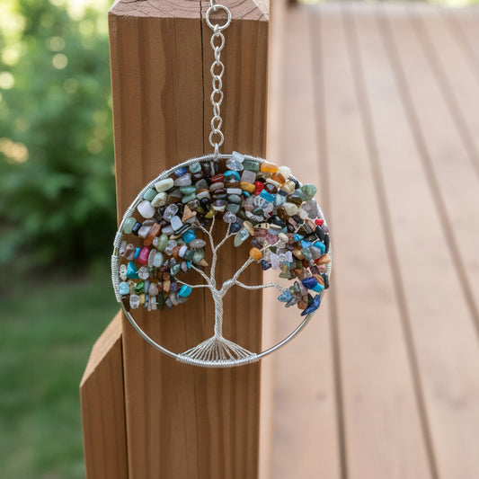 Mixed Gemstone & Silver Tree of Life – 4-Inch Window/Wall Hanging