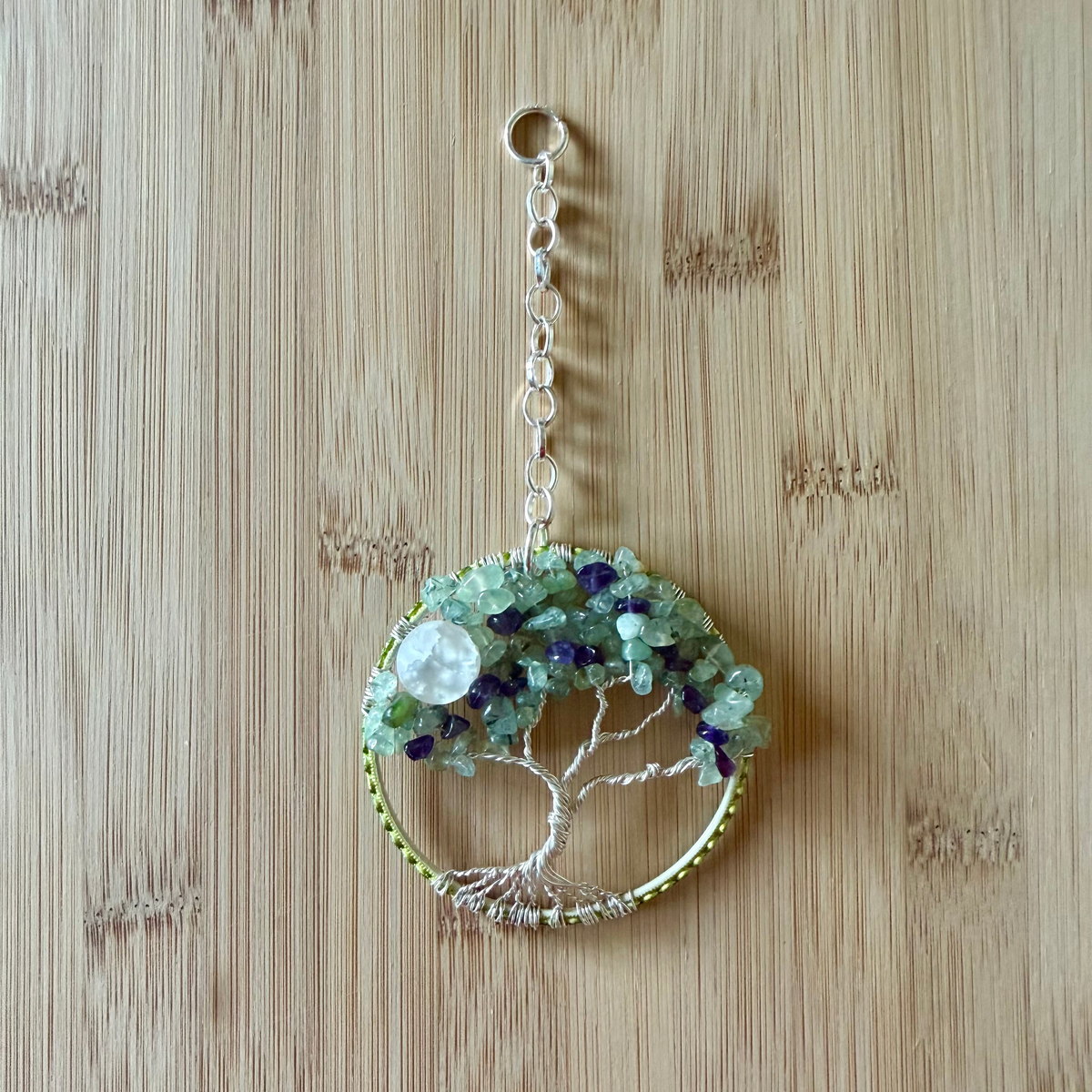 Prehnite, Amethyst, White Quartz and Silver Tree of Life