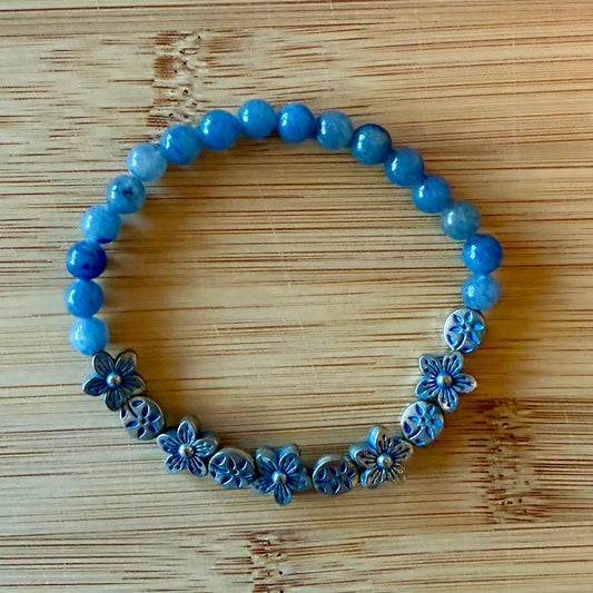 Blue Aventurine With Silver and Blue Flower Mix Bracelet