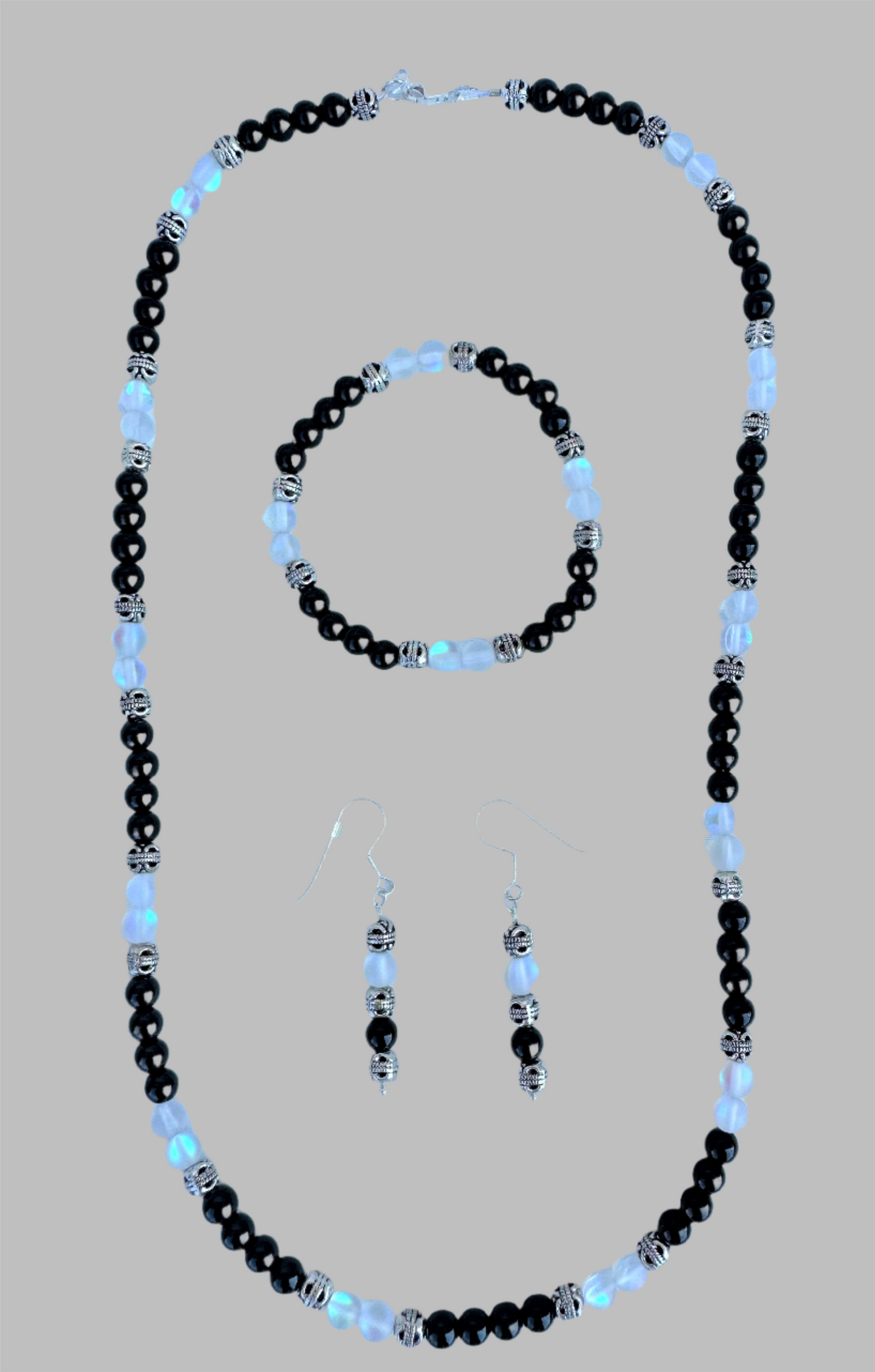 Black Jasper, White Opal and Silver Bead Jewelry Set