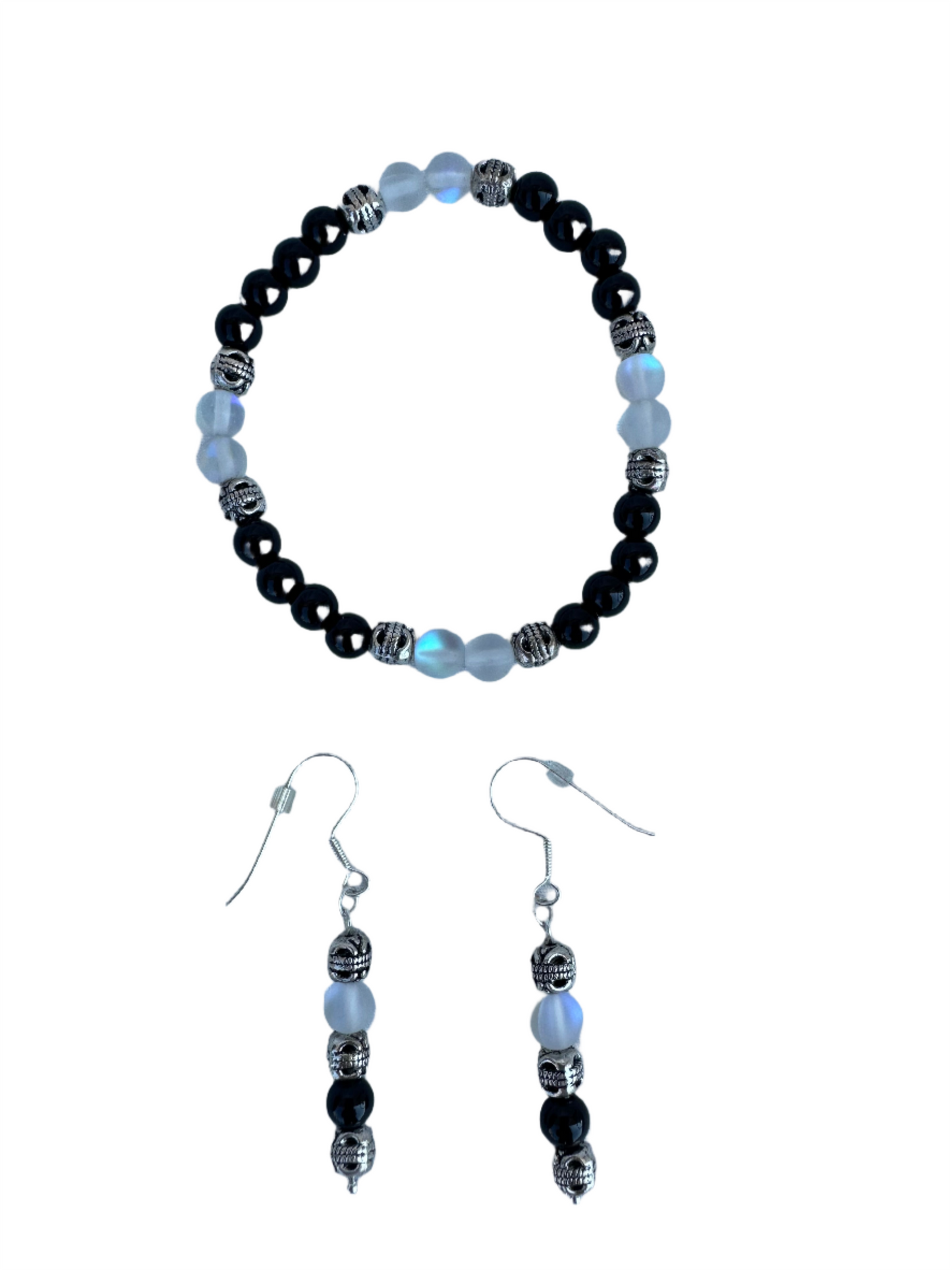 Black Jasper, White Opal and Silver Bead Jewelry Set