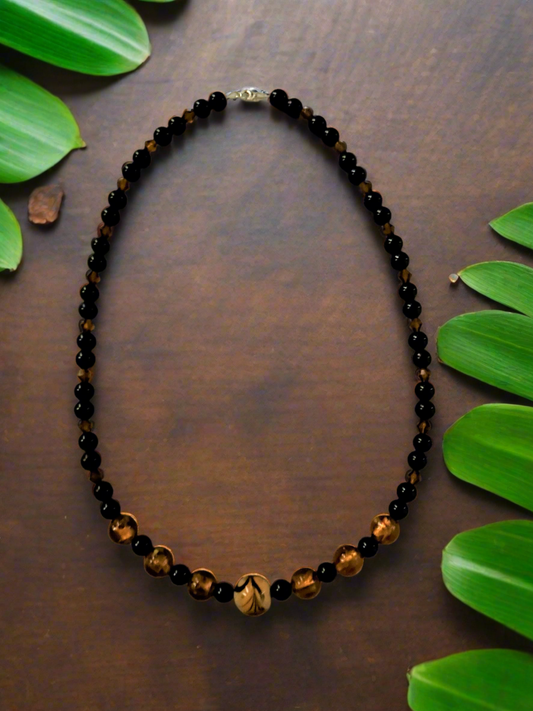 Amber Lampwork Glass and Black Natural Stone Jasper Beaded Necklace
