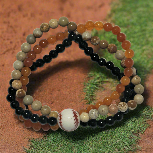 Black Jasper, Orange Quartzite and Picture Jasper Three-Tiered Beaded Baseball Bracelet