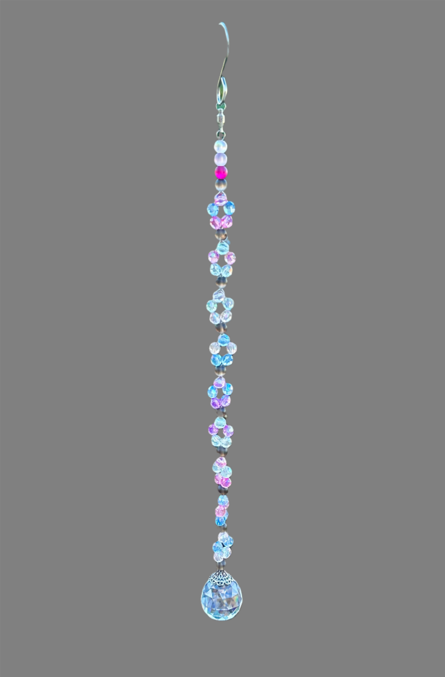 Clear, Blue, and Pink Glass Suncatcher With Cherry Quartz Accents