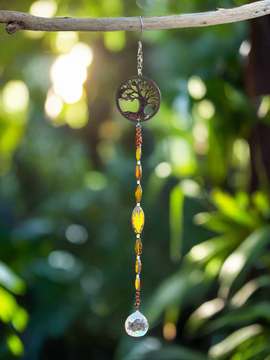 Yellow and Brown Suncatcher with Wood Tree Topper