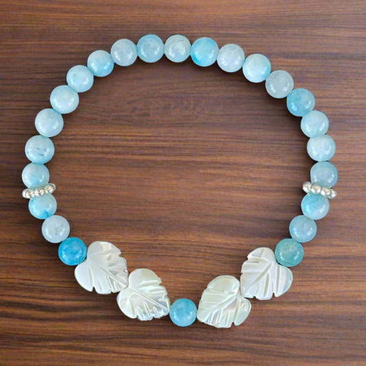 Light Blue Agate Bracelet with White Leaf-Shaped Shell Bead