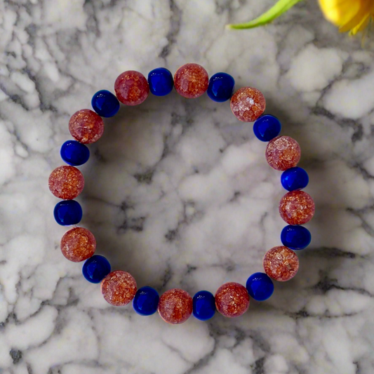 Orange Crackle Quartz and Blue Ceramic Bead Bracelet