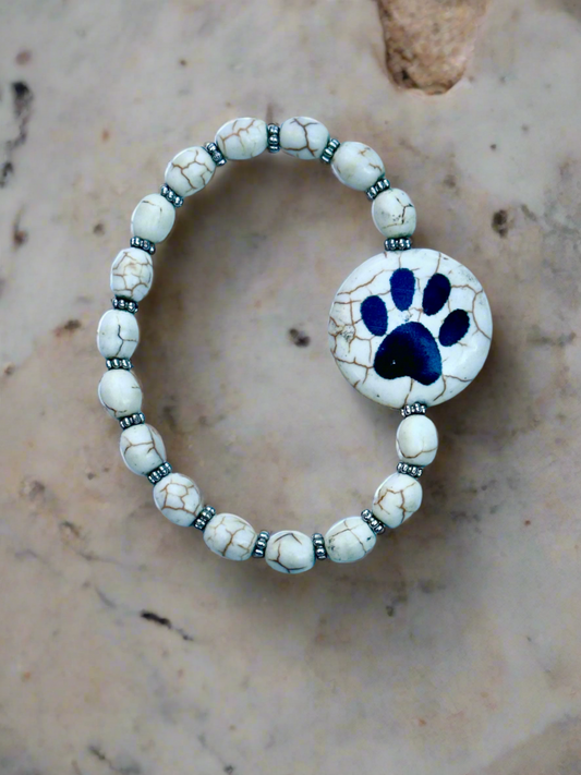 White Howlite Paw Print Bead Bracelet