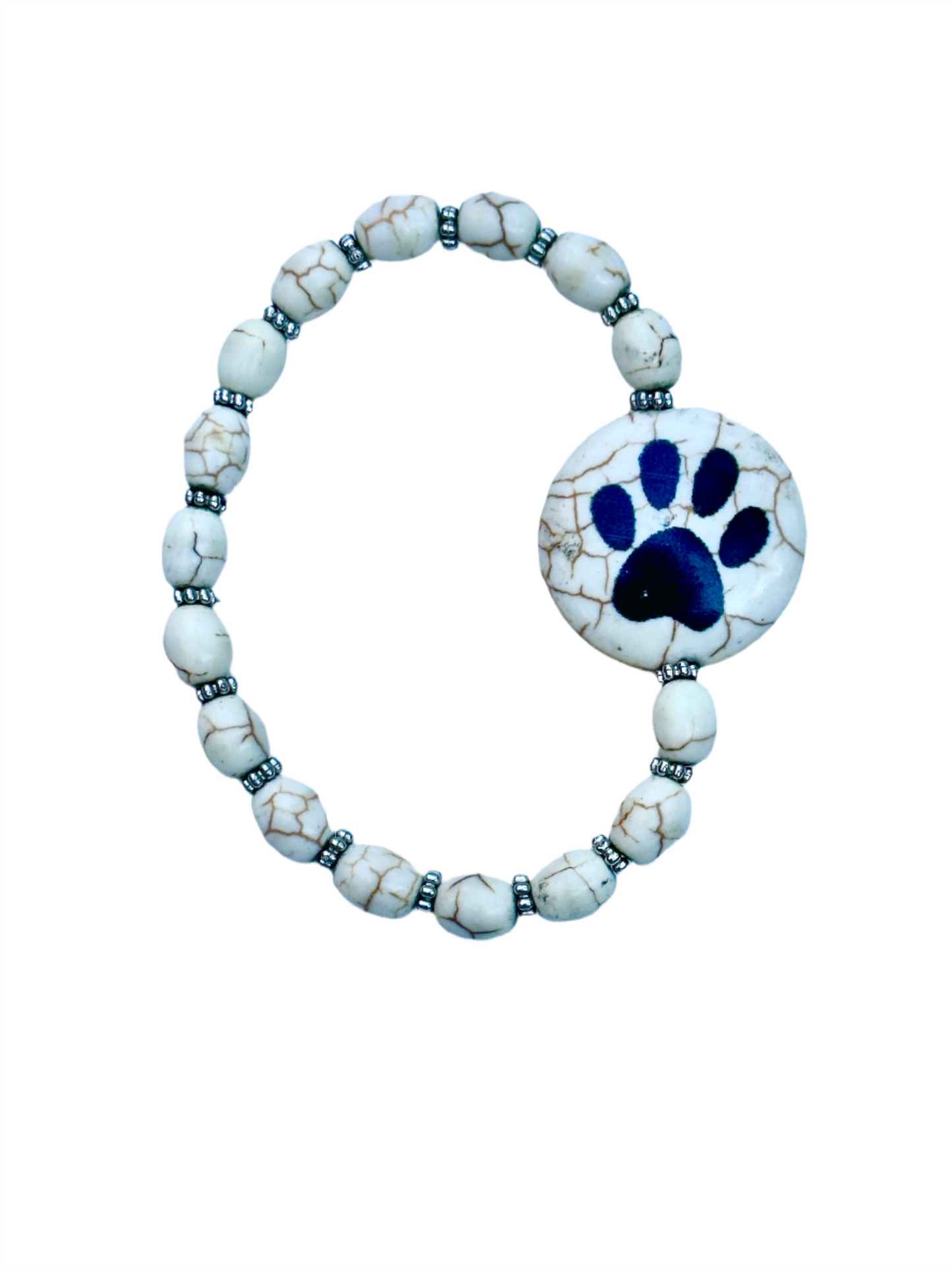 White Howlite Paw Print Bead Bracelet