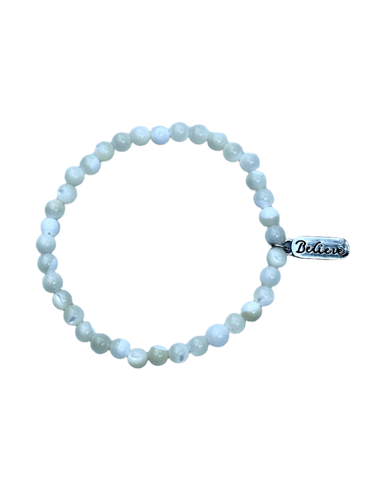 White Mother of Pearl Bracelet With Believe Charm