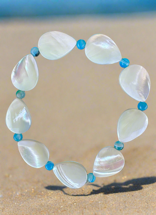 White Mother of Pearl Teardrop and Striped Blue Agate Bracelet