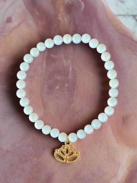 White Shell with Gold Lotus Flower Charm Bracelet