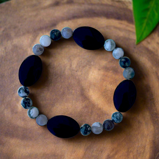 Fancy Jasper and Black Oval Glass Bead Bracelet