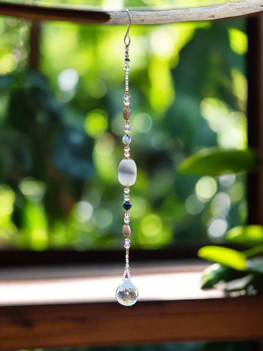 Gray Agate & Crystal Glass Suncatcher with Ceramic Accents