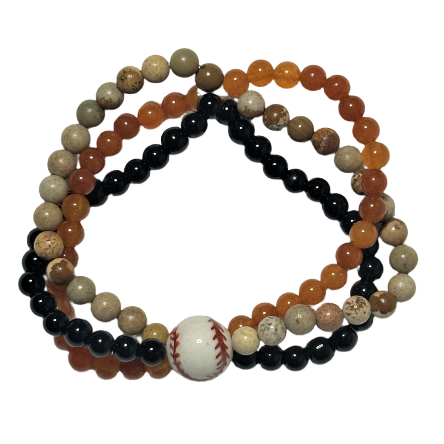 Black Jasper, Orange Quartzite and Picture Jasper Three-Tiered Beaded Baseball Bracelet