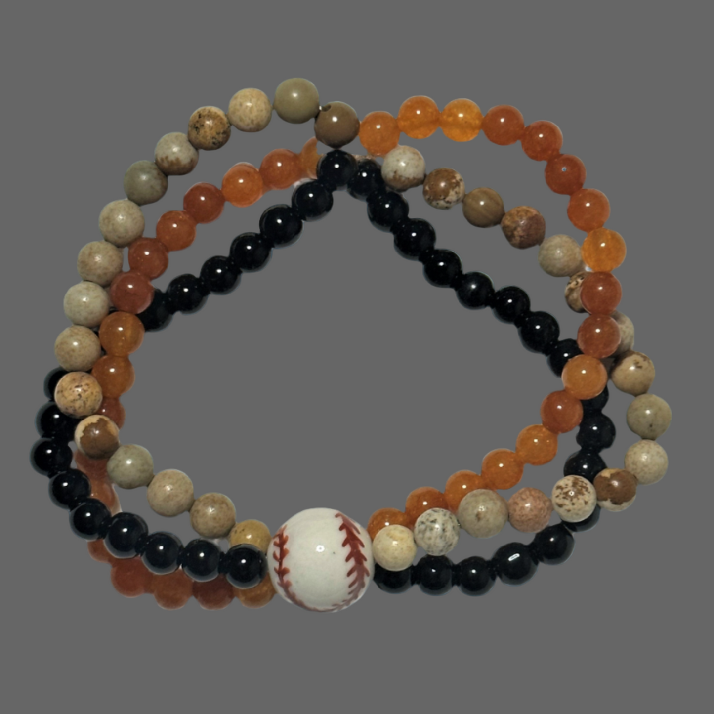 Black Jasper, Orange Quartzite and Picture Jasper Three-Tiered Beaded Baseball Bracelet