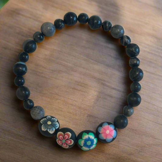 Black Network Stone Stretch Bracelet with Black Clay Flower Accent Beads