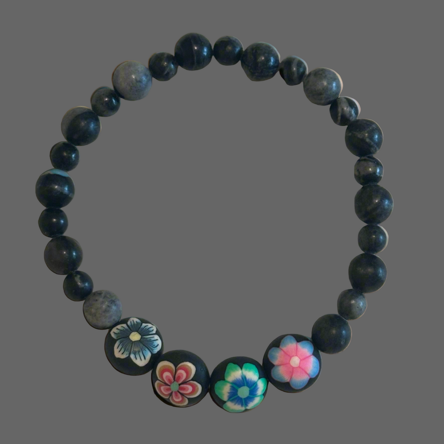 Black Network Stone Stretch Bracelet with Black Clay Flower Accent Beads