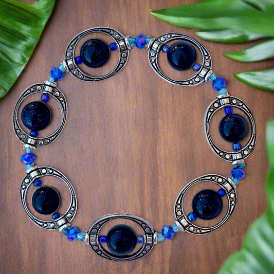 Blue Sandstone, Blue Crystal and Silver Frame Bead Bracelet