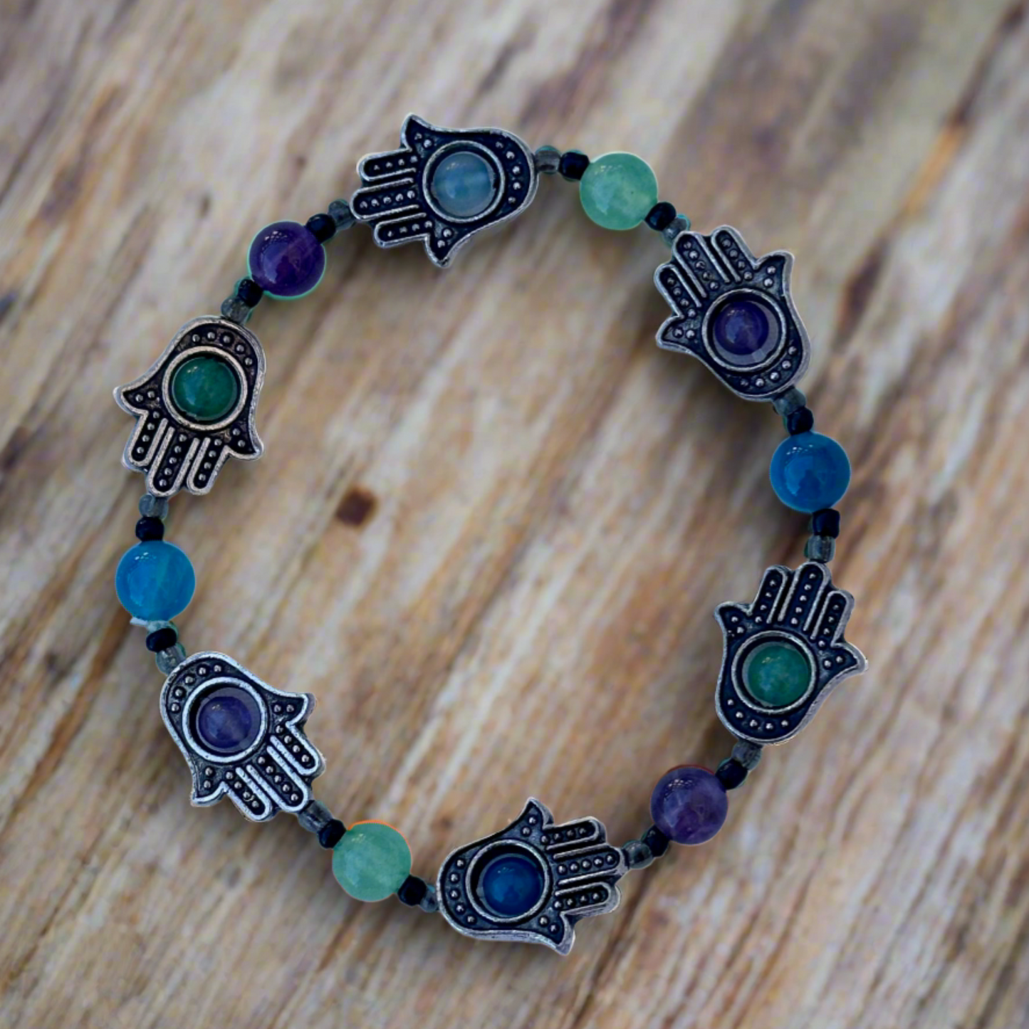 Hamsa Hand and Multi-Stone Bead Bracelet