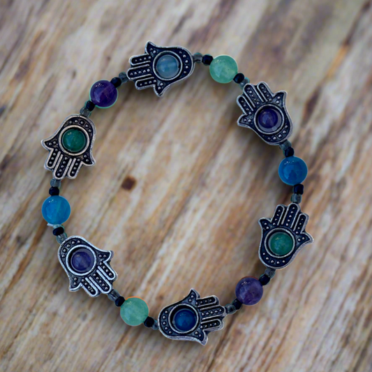 Hamsa Hand and Multi-Stone Bead Bracelet