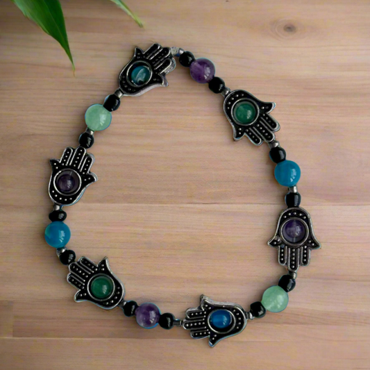 Hamsa Hand and Multi-Stone Bead Bracelet