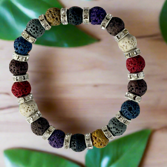 Multi-Color Lava Stone with Gold Rhinestone Accents Bracelet