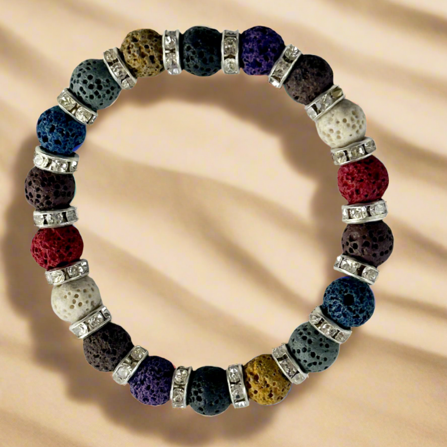 Multi-Color Lava Stone with Silver Rhinestone Accents Bracelet