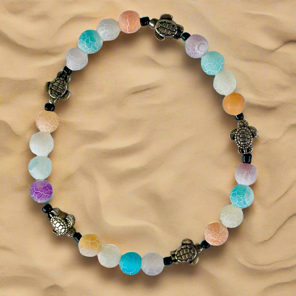 Multi-Color Matte Agate and Silver Turtle Bead Bracelet