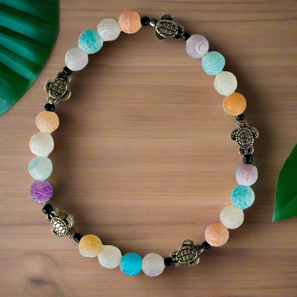 Multi-Color Matte Agate and Silver Turtle Bead Bracelet