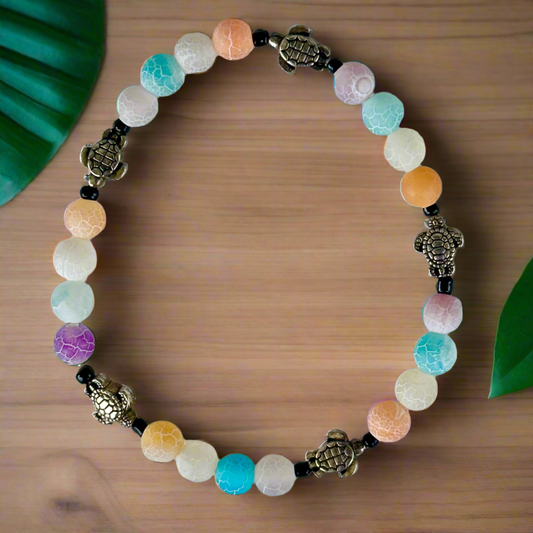Multi-Color Matte Agate and Silver Turtle Bead Bracelet