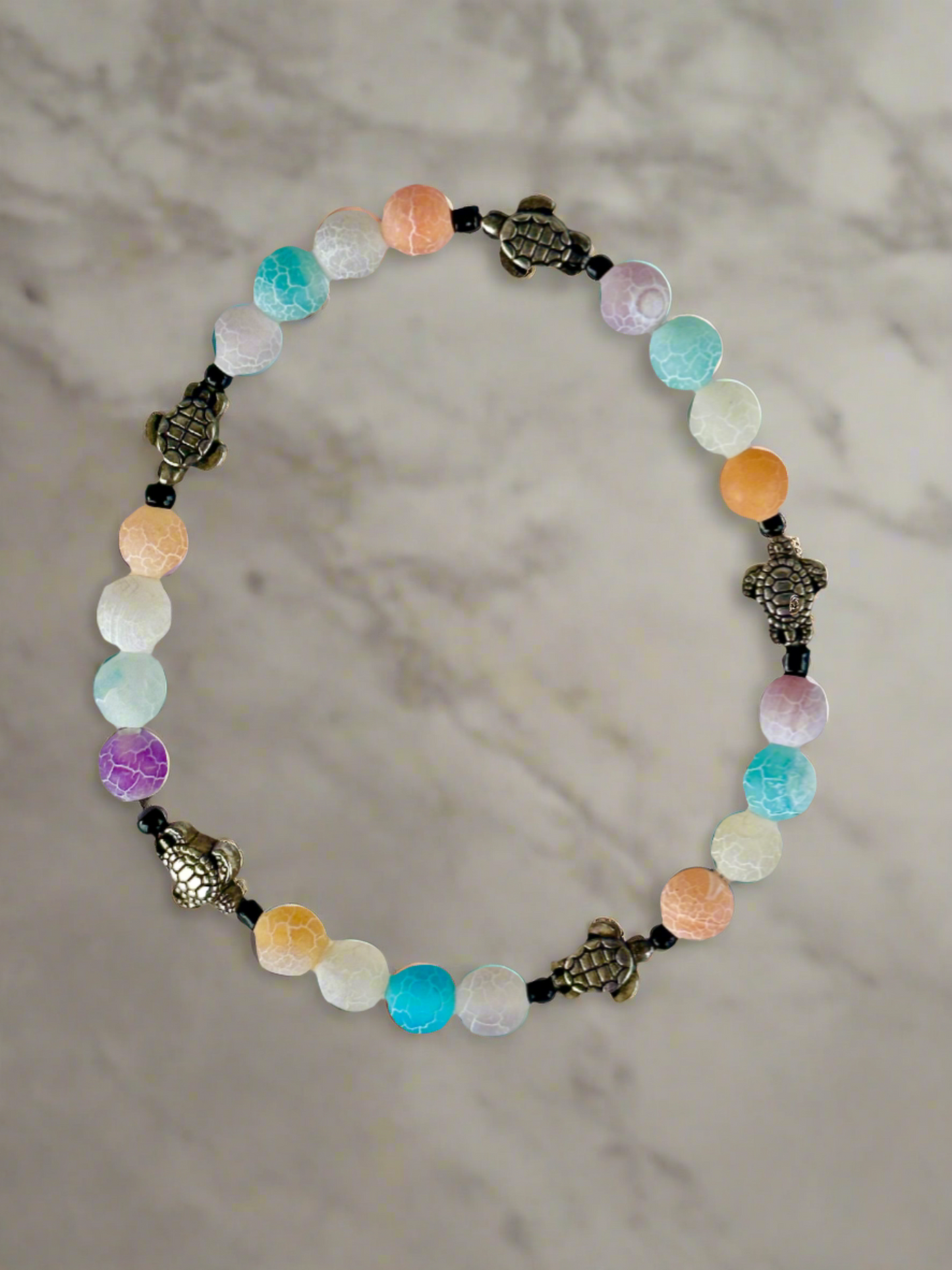 Multi-Color Matte Agate and Silver Turtle Bead Bracelet