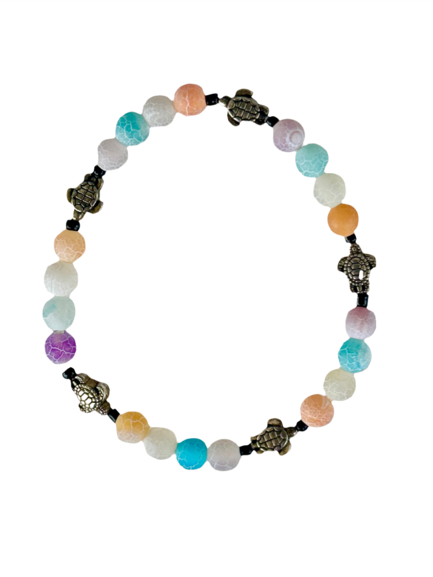 Multi-Color Matte Agate and Silver Turtle Bead Bracelet