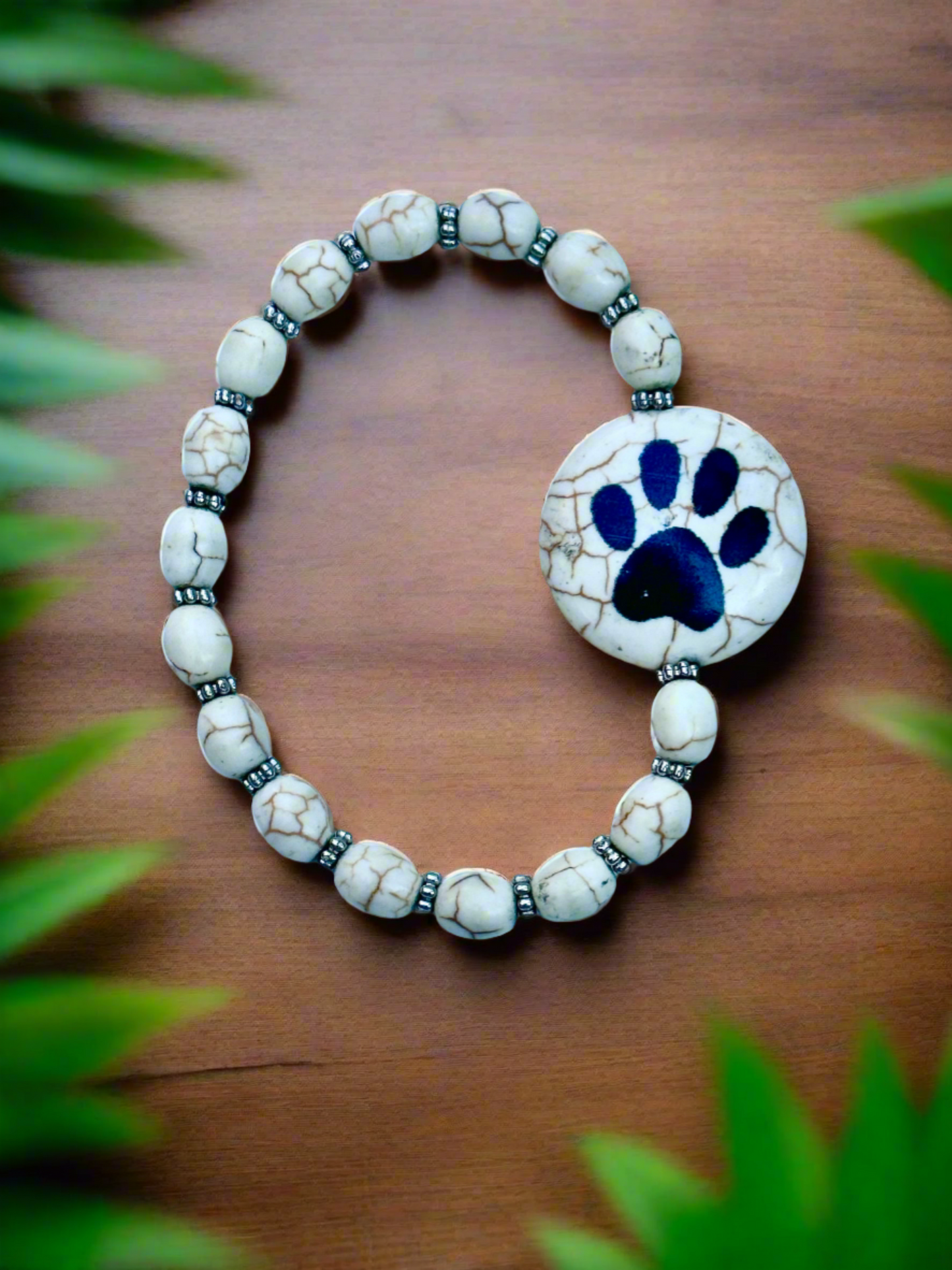 White Howlite Paw Print Bead Bracelet