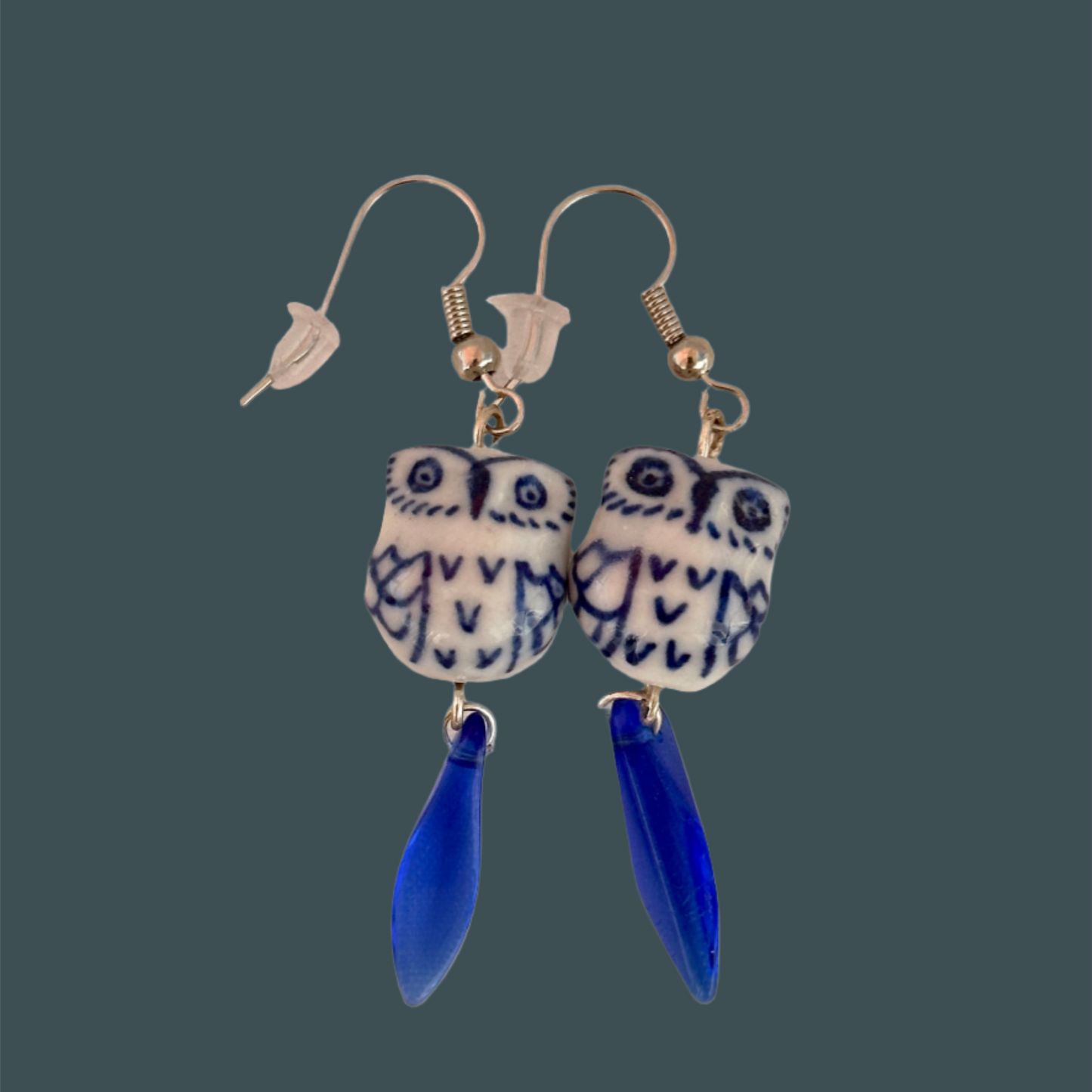 Blue & White Ceramic Owl Earrings