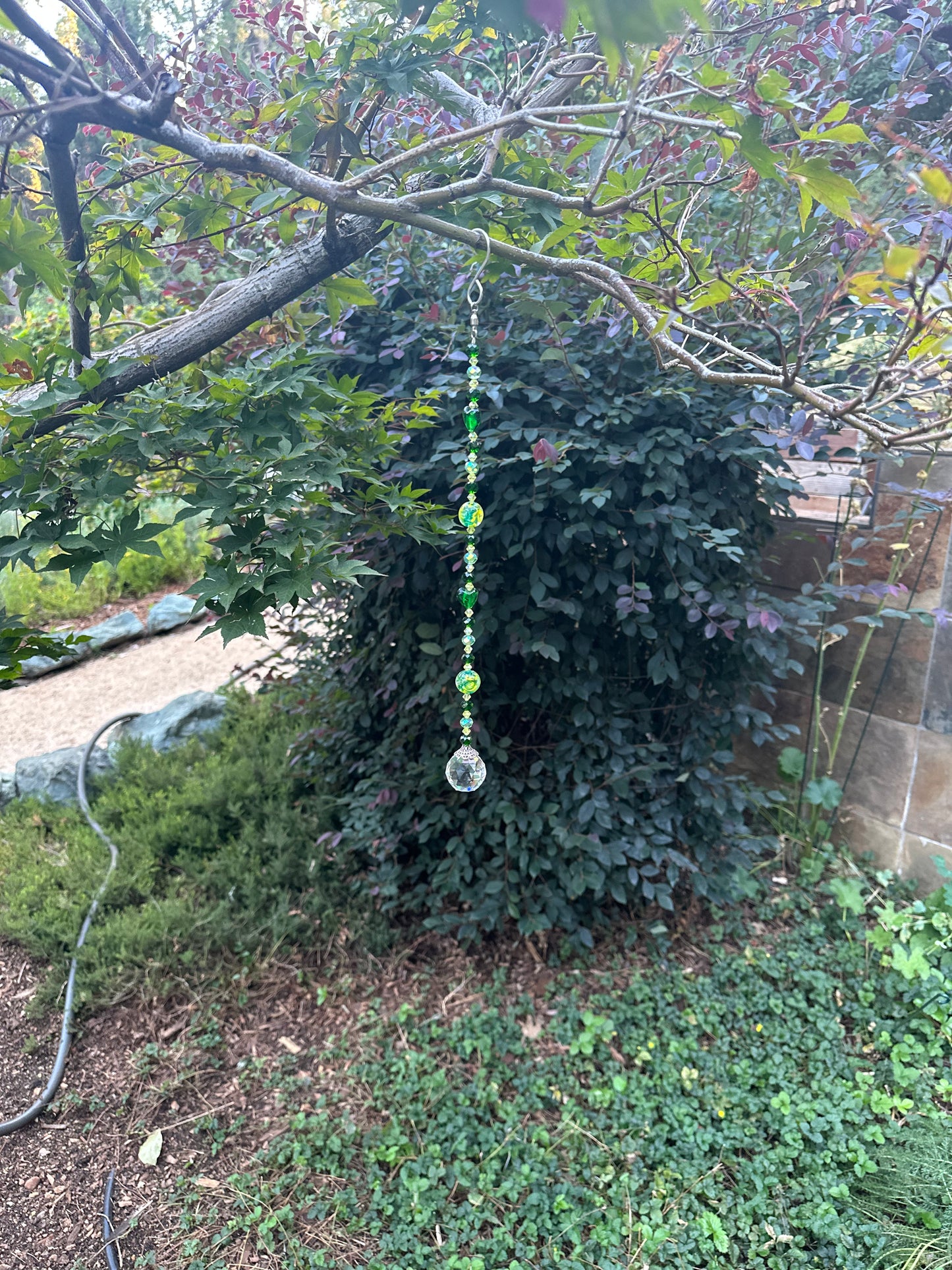 Green and Yellow Faceted Glass Suncatcher with Lampwork Glass Bead Accents