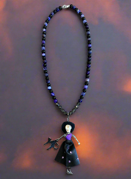 Black Jasper and Purple Agate Natural Stone Halloween-Themed Necklace