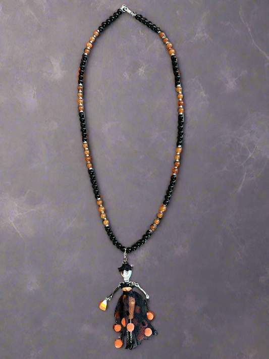 Orange and Black Beaded Natural Stone Halloween-Themed Necklace 🎃👻