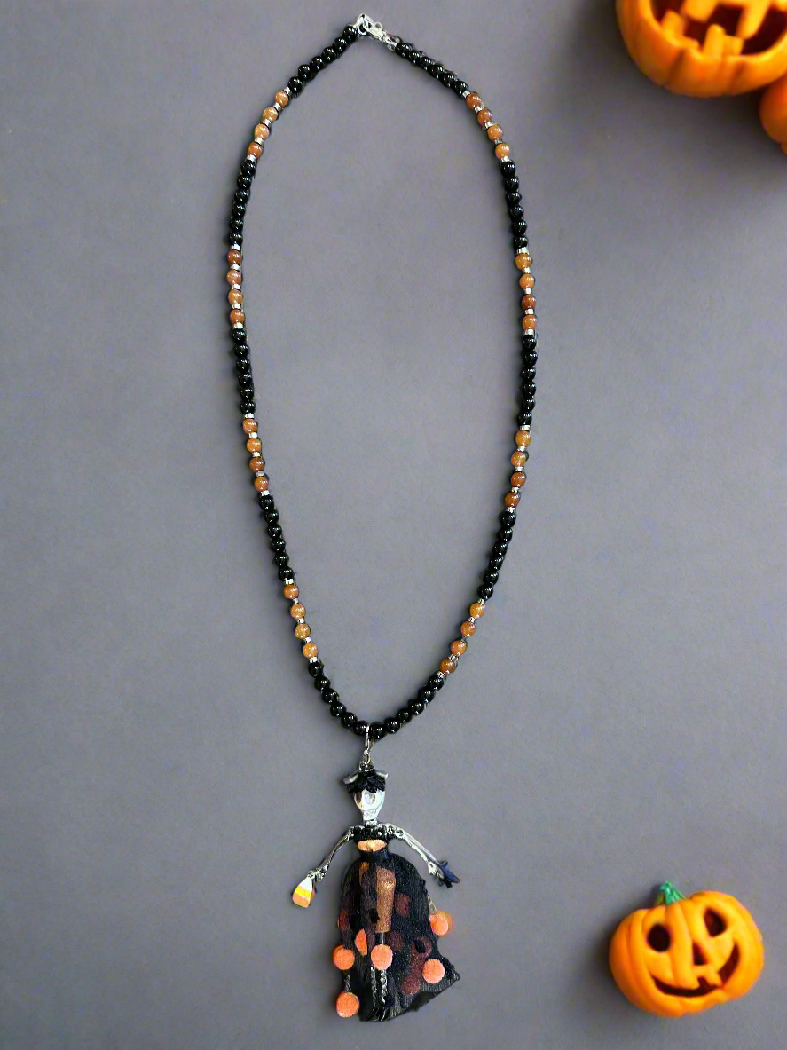 Orange and Black Beaded Natural Stone Halloween-Themed Necklace 🎃👻