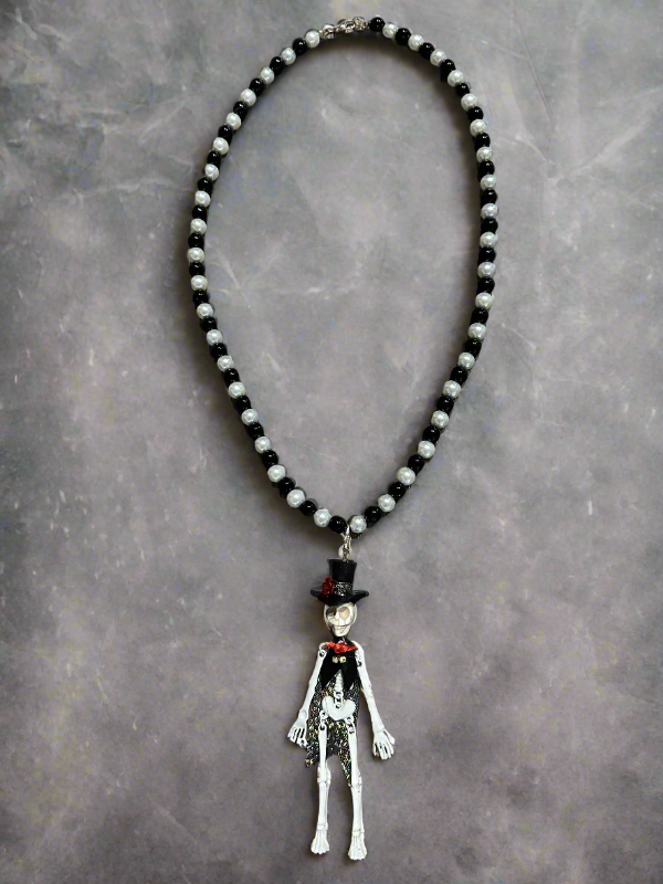 Black Jasper Natural Stone and White Glass Pearl Halloween-Themed Necklace 💀