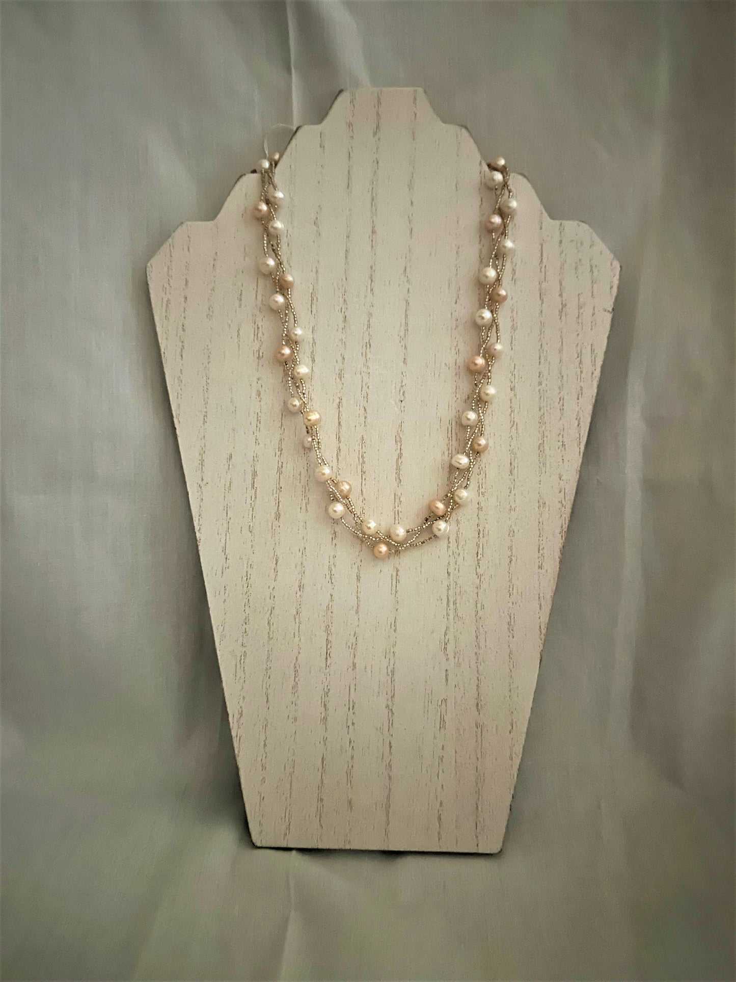 Woven White and Pink Glass Pearl Necklace