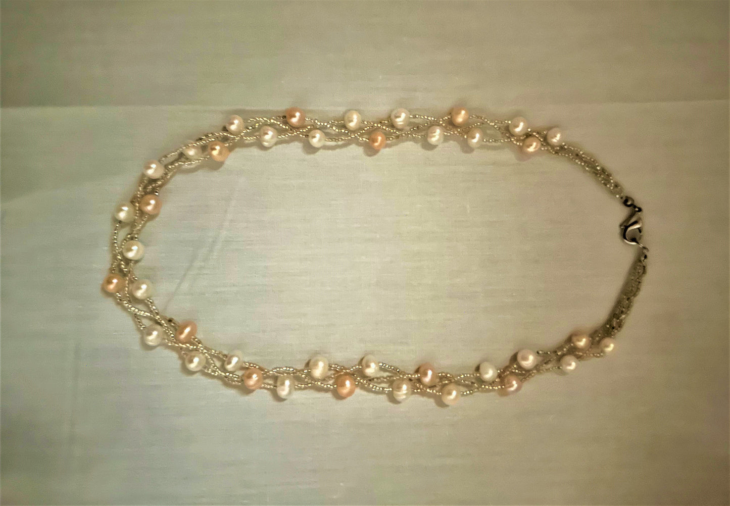 Woven White and Pink Glass Pearl Necklace